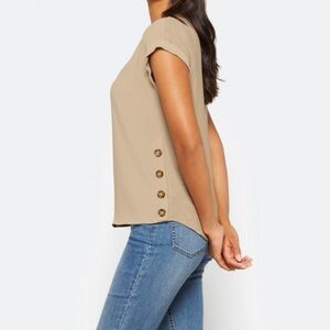 Casual Tan Short Sleeve Top with Button Detail